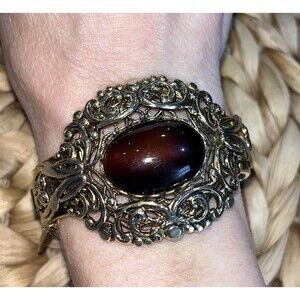 Victorian Goth Gold-tone Glass Carnelian Stone Clamper Bracelet Old Money